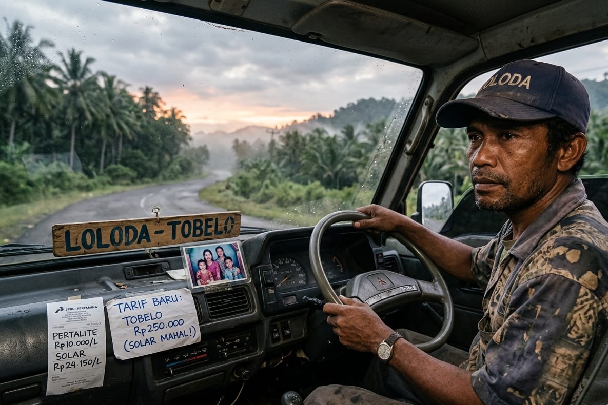 Ilustrasi: Seorang sopir angkutan lintas Loloda Utara-Tobelo terlihat termenung di balik kemudi. (Ilustrasi AI/kierahainsight.id)