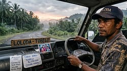 Ilustrasi: Seorang sopir angkutan lintas Loloda Utara-Tobelo terlihat termenung di balik kemudi. (Ilustrasi AI/kierahainsight.id)