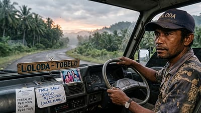 Ilustrasi: Seorang sopir angkutan lintas Loloda Utara-Tobelo terlihat termenung di balik kemudi. (Ilustrasi AI/kierahainsight.id)